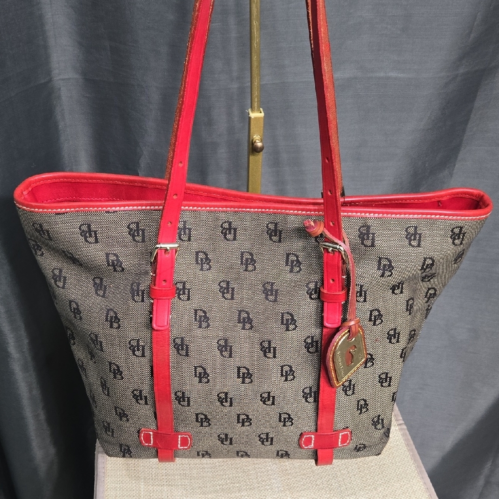 Dooney & Bourke Brown Canvas Tote with Red Trim